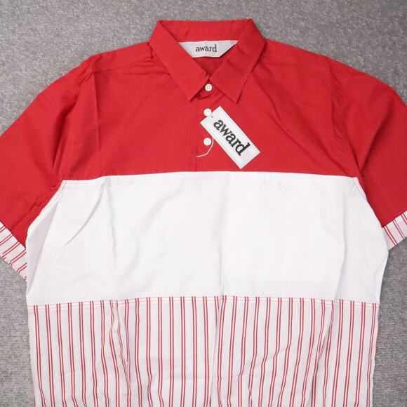 VTG 80s 90s Award Deadstock Large Red White Striped Short Sleeve Collared Shirt - Picture 7 of 10